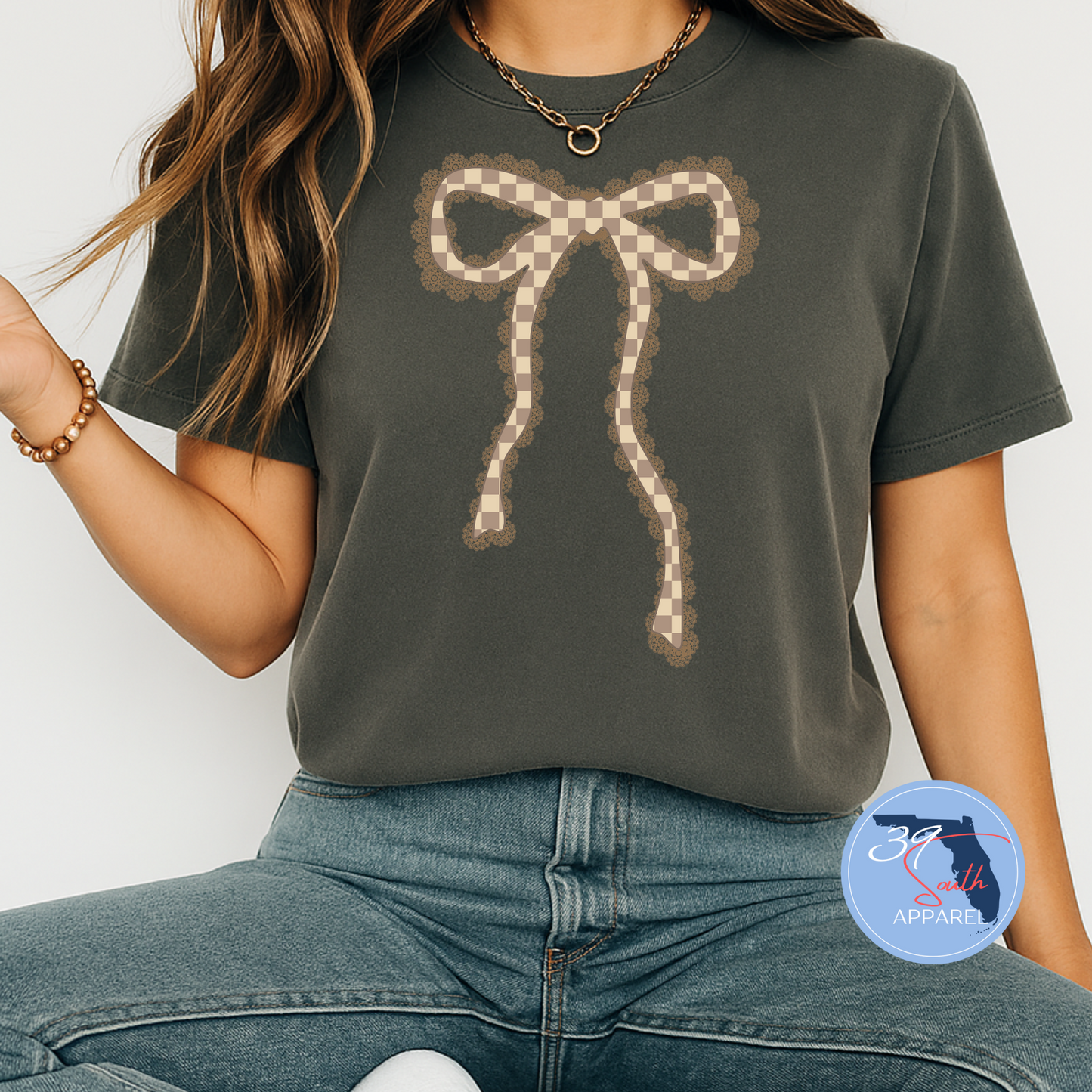 Checkered Fall Lace Bow Tee